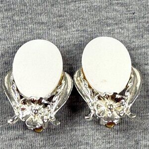 Vintage Silver-Tone Clip-On Earrings With Floral Design & White Oval Accents